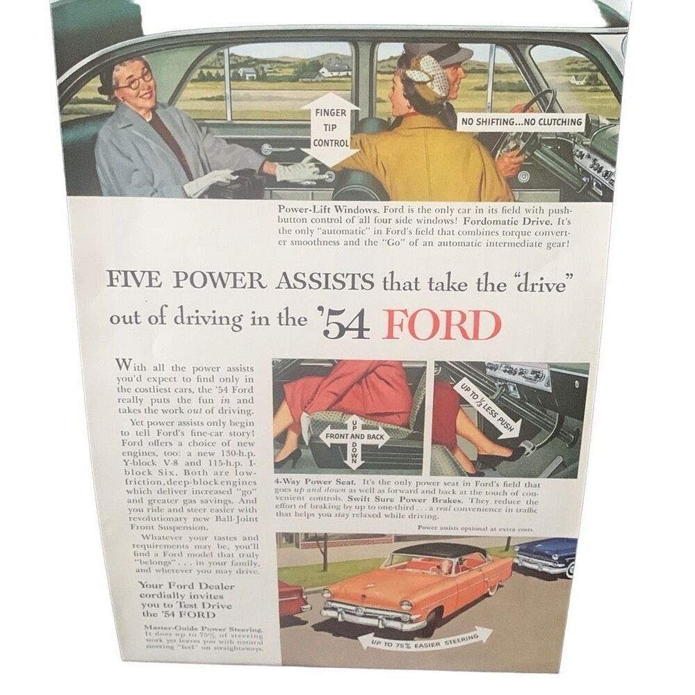 Vintage 1954 Ford Five Power Assists Ad Advertisement